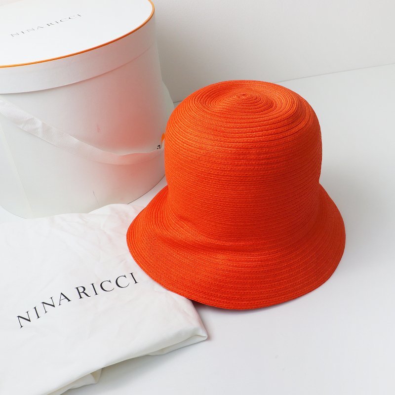 未使用 ニナリッチ NINA RICCI ストローハット /オレンジ フランス製 帽子 オールダウンナローブリム ファッション小物【2400013536752】