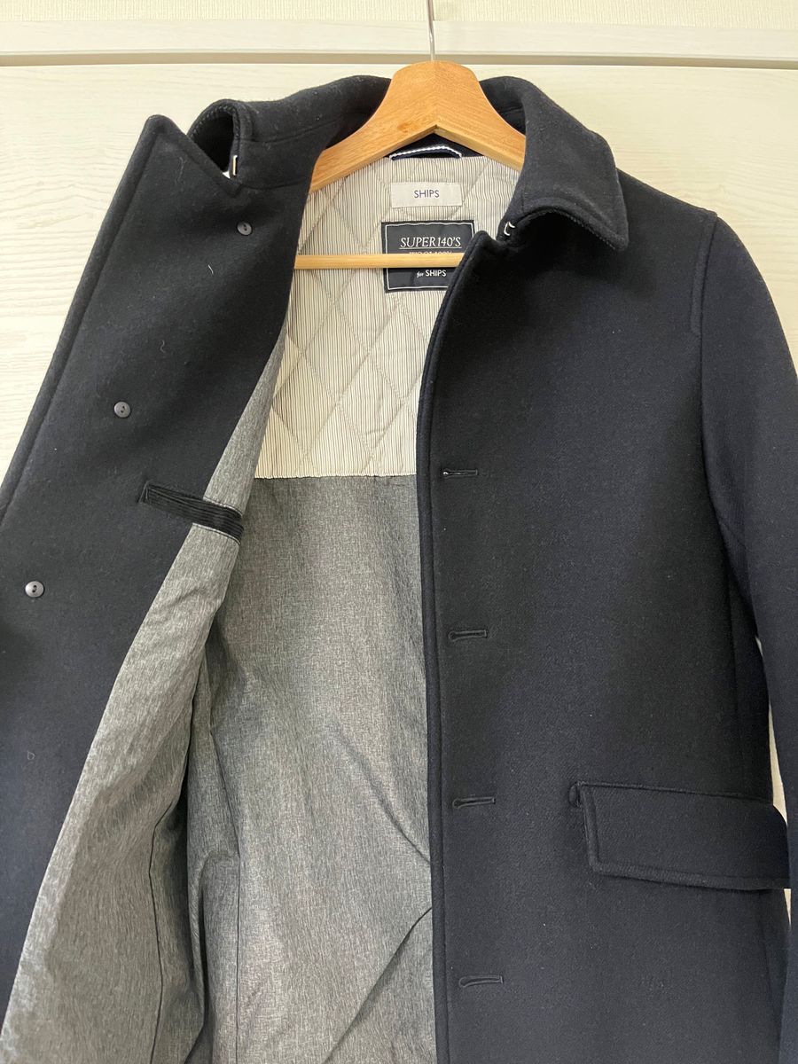 【極美品】SHIPS シップス ステンカラーコート ネイビー 濃紺 SUPER140’S ウール100% Sサイズ ピーコート