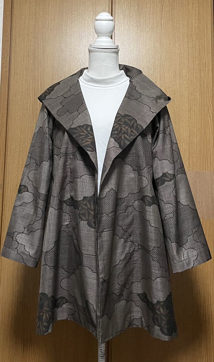 憧れ 着物リメイク 茶系 大島のフード付きジャケット L〜LLサイズ L