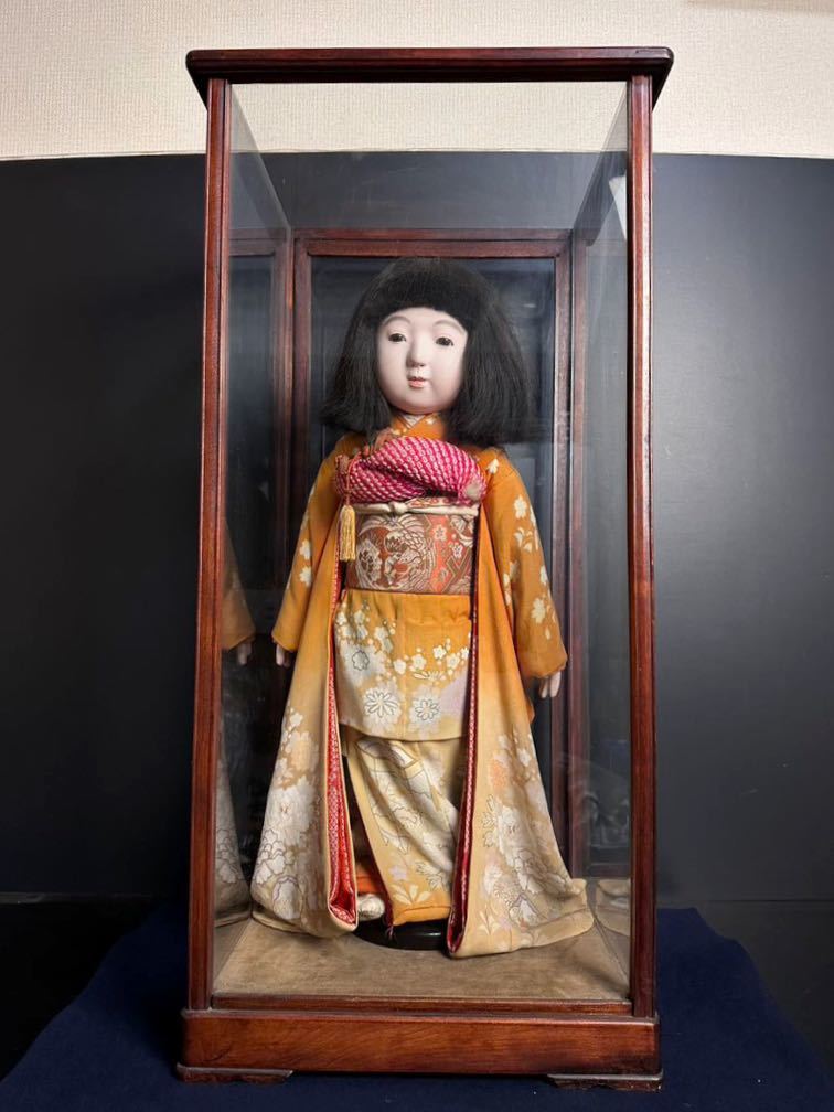 [SX220] 市松人形 女の子 ガラスケース入り 台座付き 置物 日本人形 昭和レトロ インテリア 着物