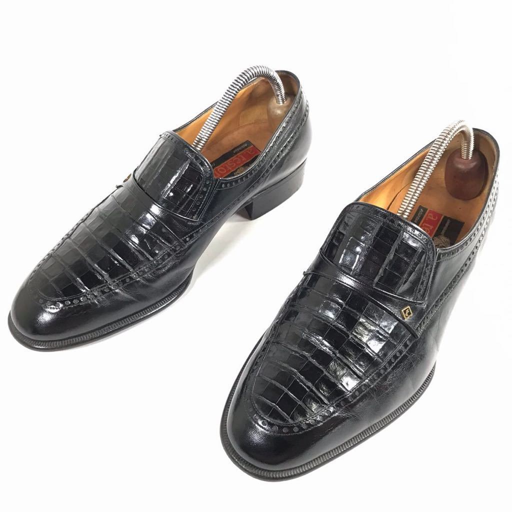 [a* test -ni] genuine article a.testoni shoes 24cm black crocodile Loafer slip-on shoes business shoes wani leather for man men's made in Italy 5 1/2 H