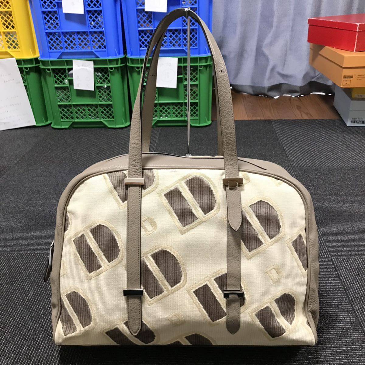 【デルヴォー】本物DELVAUX ボストンバッグ D柄 トートバッグ ショルダーバッグ グレー×ベージュ レザー×キャンバス メンズ レディース_画像1