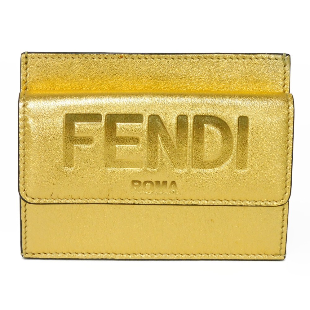 フェンディ ROMA カードケース ラミネート カーフ スナップボタン コンパクトウォレット ロゴ ゴールド コインケース 8M0423 AK61