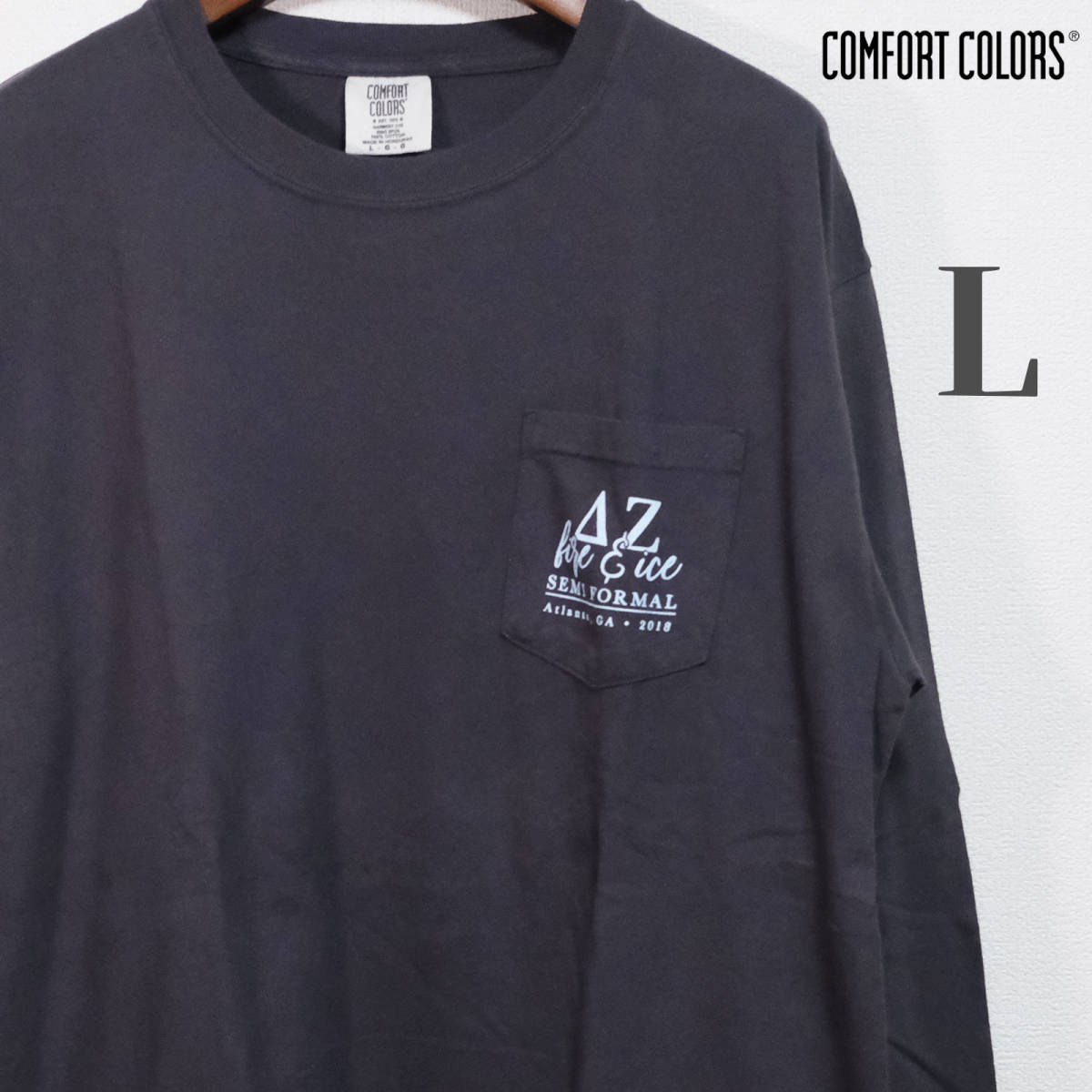 COMFORT COLORS プリント ポケット ロングスリーブTシャツ L チャコール_画像1