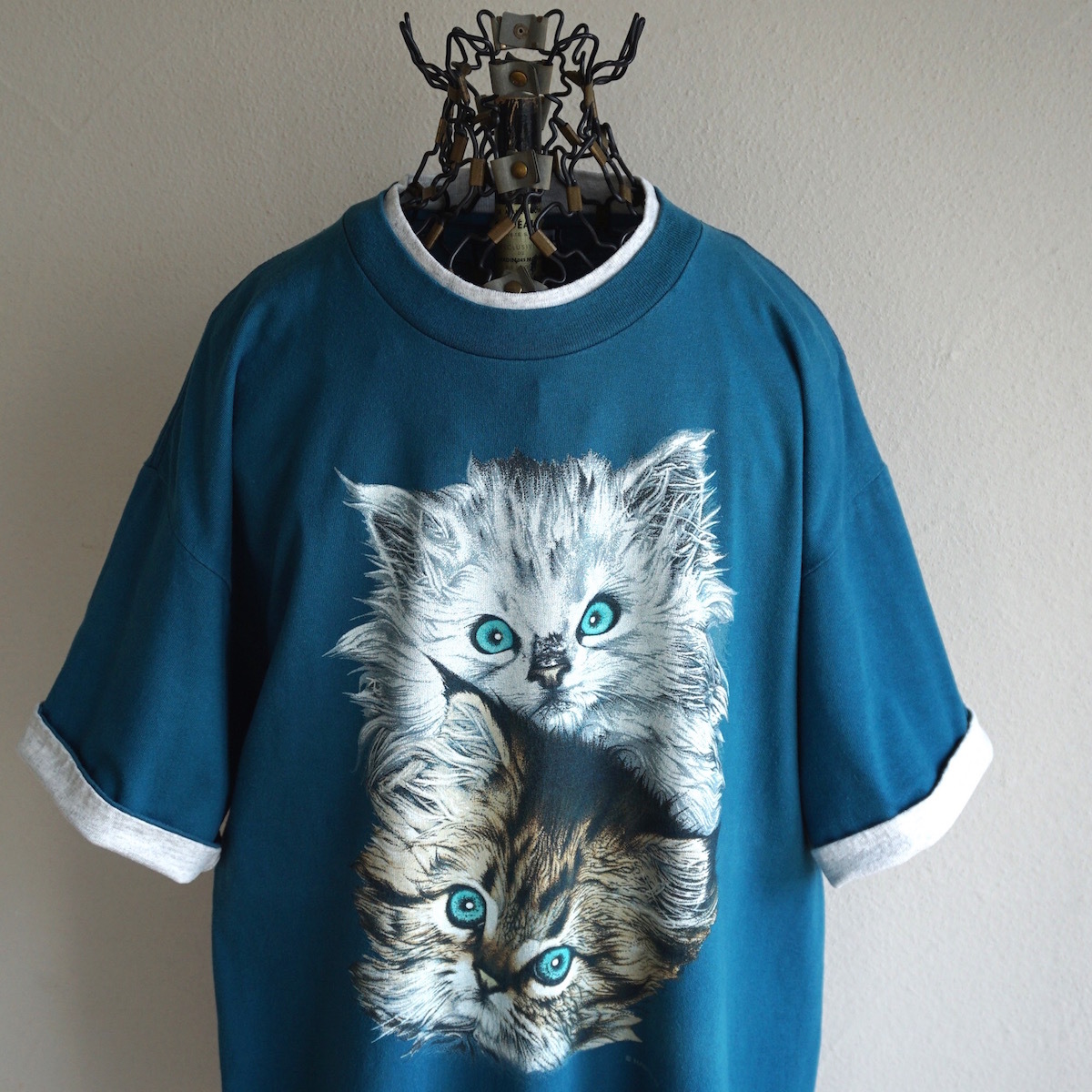 1990s ヴィンテージ USA製 SIGNAL SPORTS ラグドール アニマルプリント Tシャツ L ティール 青緑 ネコ 猫 キャット アメリカ 海外 古着