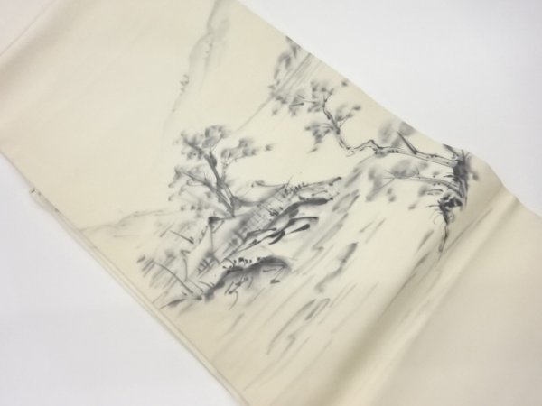 2022新作モデル ys5969807; 作家物 塩瀬手描き山並みに樹木・民家風景模様名古屋帯【リサイクル】【着】 仕立て上がり 2022新作モデル ys5969807; 作家物 塩瀬手描き山並みに樹木・民家風景模様名古屋帯【リサイクル】【着】 仕立て上がり