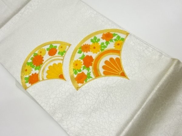 ys5977528; 金駒刺繍銀杏に菊・牡丹模様名古屋帯【リサイクル】【着】_画像1