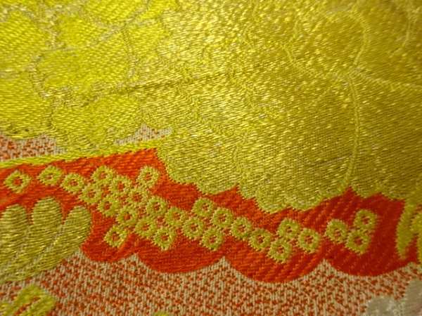 ys6704313; 菊に牡丹模様織出し半幅帯（材料）【アンティーク】【着】_画像5