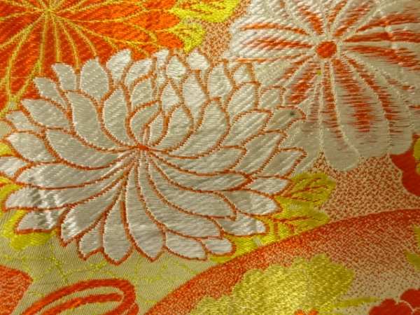 ys6704313; 菊に牡丹模様織出し半幅帯（材料）【アンティーク】【着】_画像4
