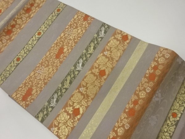 【 新品 】 ys6669243; 横段に流水・花唐草・鳥模様織出し名古屋帯【リサイクル】【着】 仕立て上がり 【 新品 】 ys6669243; 横段に流水・花唐草・鳥模様織出し名古屋帯【リサイクル】【着】 仕立て上がり