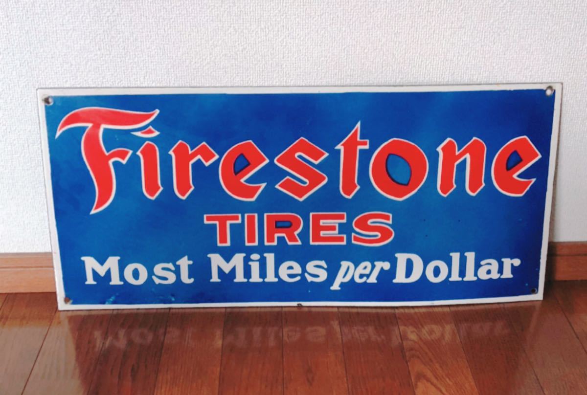 【幅66cm】ファイヤーストーン Firestone Tires Most Miles per Dollar 看板 ビンテージ アンティーク アメリカ 世田谷ベース