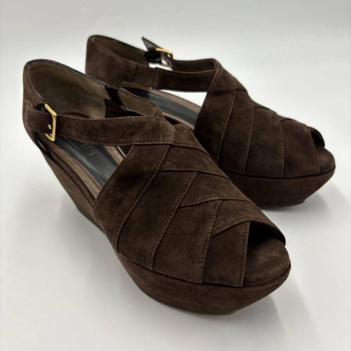 C ＊ 良品 保存袋付き イタリア製 '高級婦人靴' MARNI マルニ 本革 スエードレザー 厚底 ヒール サンダル EU37 23.5cm レディース 靴の画像3