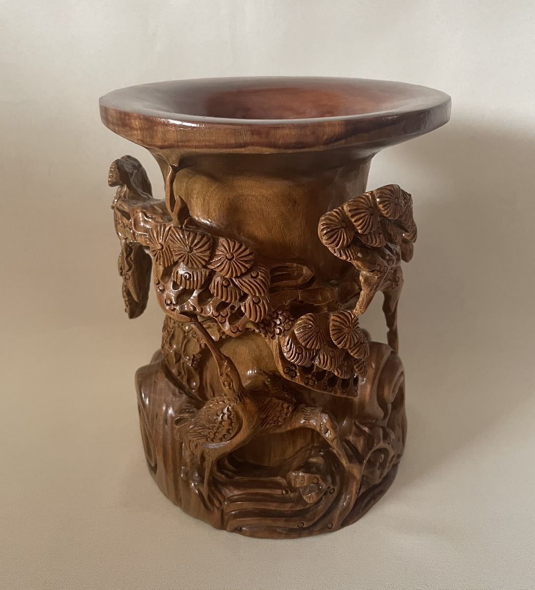 木彫り 花瓶 中国 鶴 松