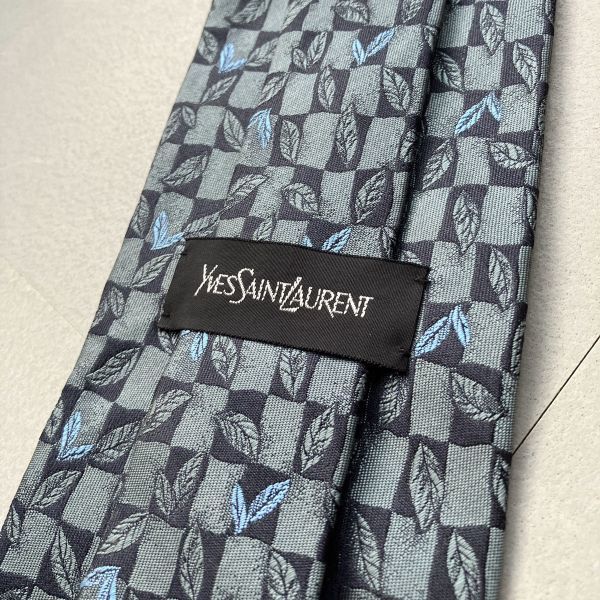 Yves Saint Laurent シルク 100% 総柄 葉　ネクタイ　/　サンローラン SETA SILK TIE NAVY ネイビー_画像4