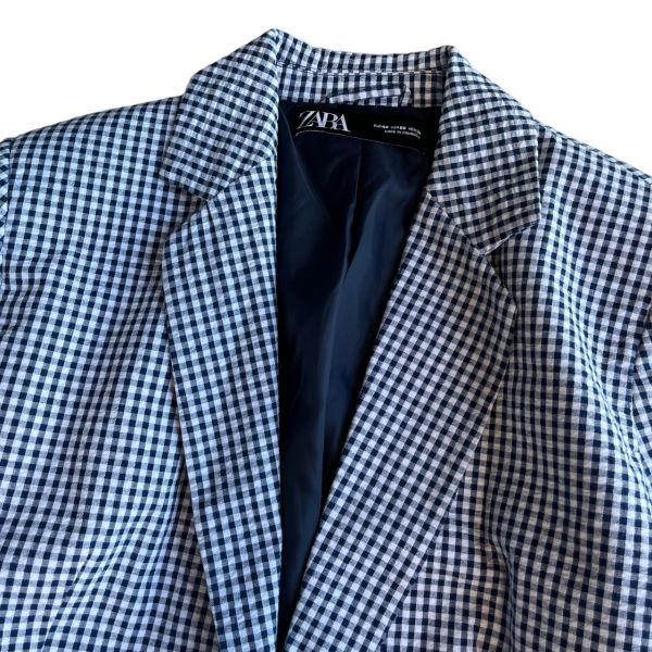 未使用 ZARA ザラ 1釦 ギンガム チェック コットン テーラード ジャケット 薄手 ブレザー アウター スーツ カジュアル 40 ブルー系_画像2