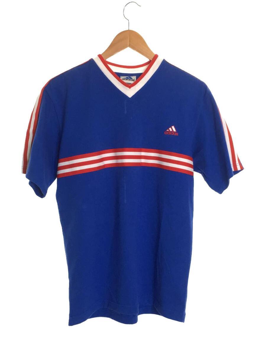 adidas◆80s/90s/万国旗タグ/VネックTシャツ/M/コットン/ブルー_画像1