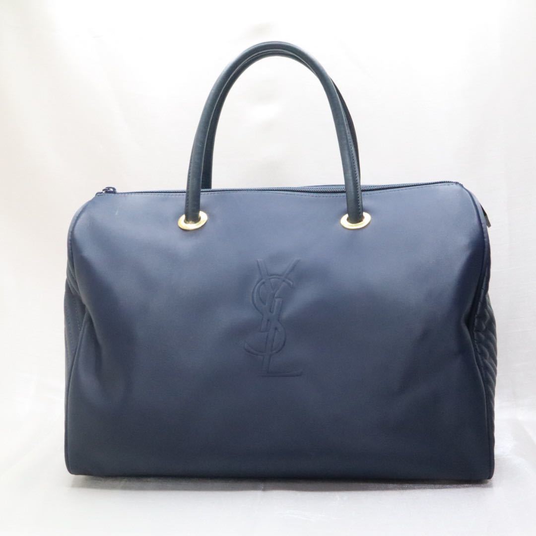 【美品】YSL イヴサンローラン ハンドバッグ ミニボストンバッグ エンボス ロゴ ナイロン レザー ネイビー