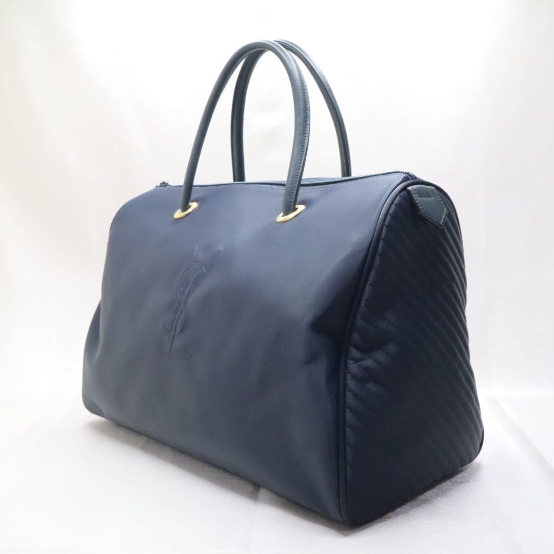 【美品】YSL イヴサンローラン ハンドバッグ ミニボストンバッグ エンボス ロゴ ナイロン レザー ネイビー