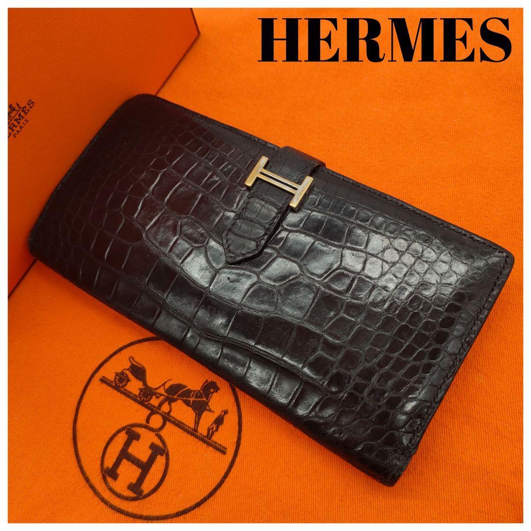 定価１３０万円超【美品・最高級・入手困難】エルメス HERMES ベアン アリゲーター クロコダイル 長財布 本革 Ｈ金具 ブラック 黒色 メンズ