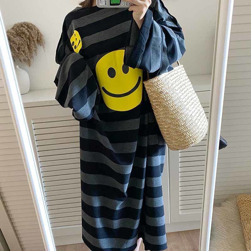  lady's T-shirt dress long One-piece Smile pattern spring summer easy large size long sleeve border pattern LWDA228(2 color L-4XL)