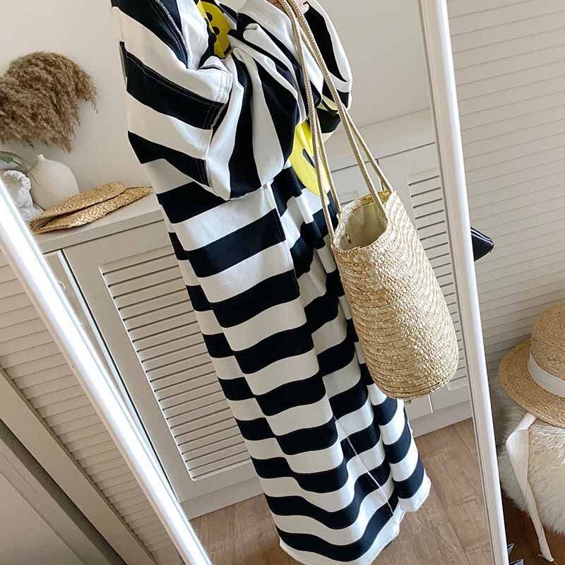  lady's T-shirt dress long One-piece Smile pattern spring summer easy large size long sleeve border pattern LWDA228(2 color L-4XL)