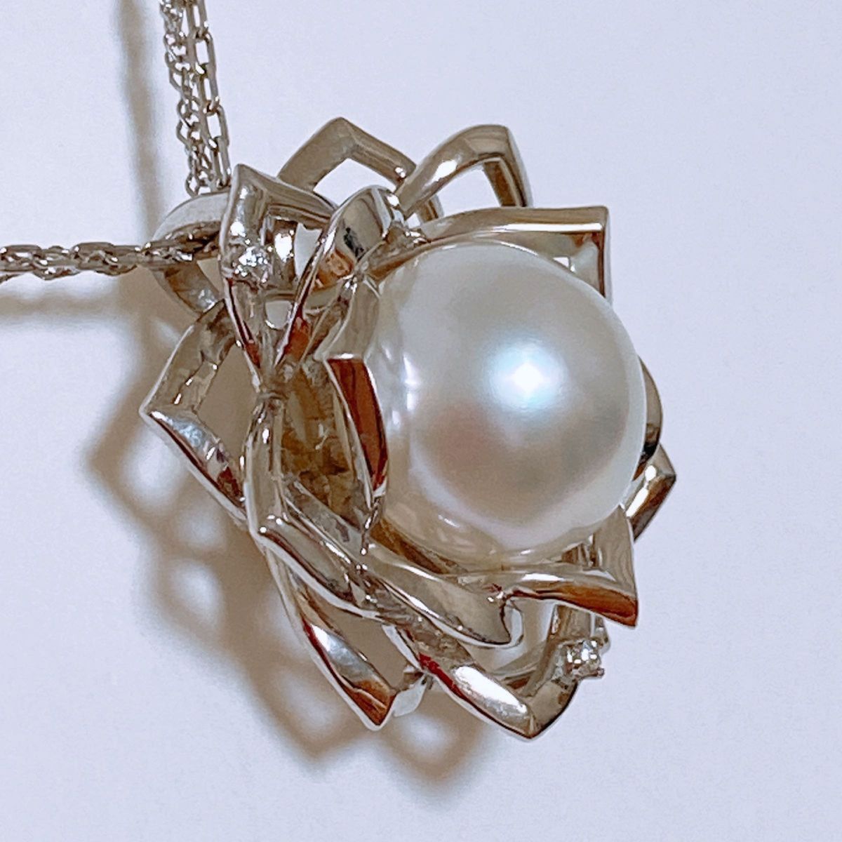 【1902】パールネックレス 白蝶真珠　天然ダイヤ　 K18wg 2重チェーン 南洋真珠　デザインネックレス
