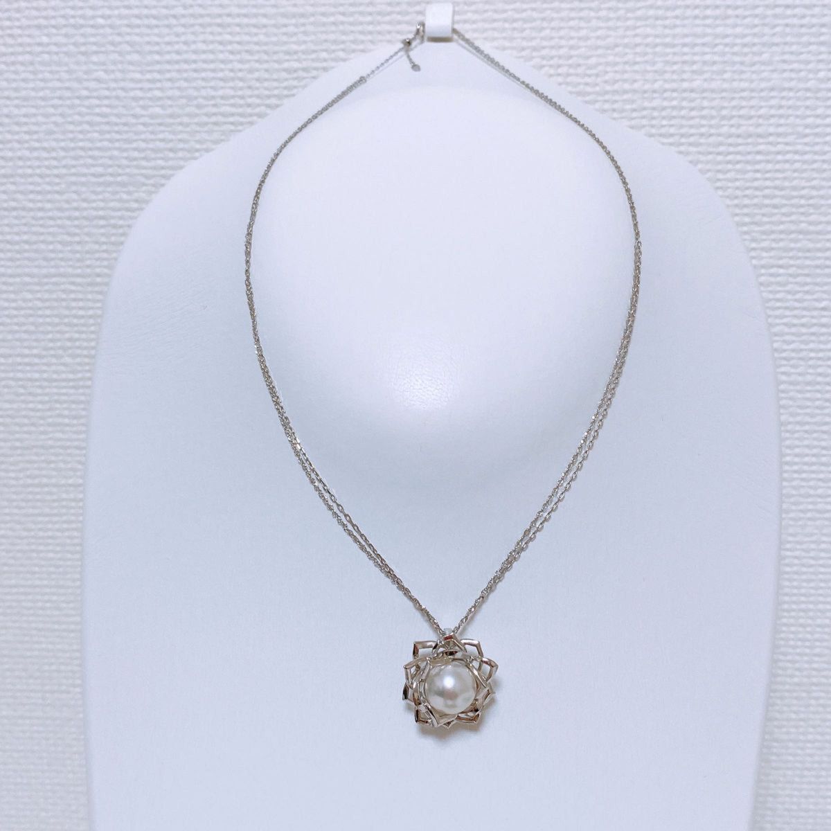 【1902】パールネックレス 白蝶真珠　天然ダイヤ　 K18wg 2重チェーン 南洋真珠　デザインネックレス