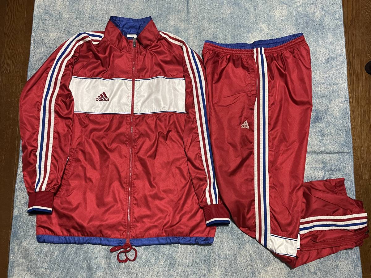 90s 日本製 adidas アディダスジャパン ナイロン ウインドブレーカー セットアップ XO 上下 赤 トリコロール ビンテージ レトロ ジャージ _画像1