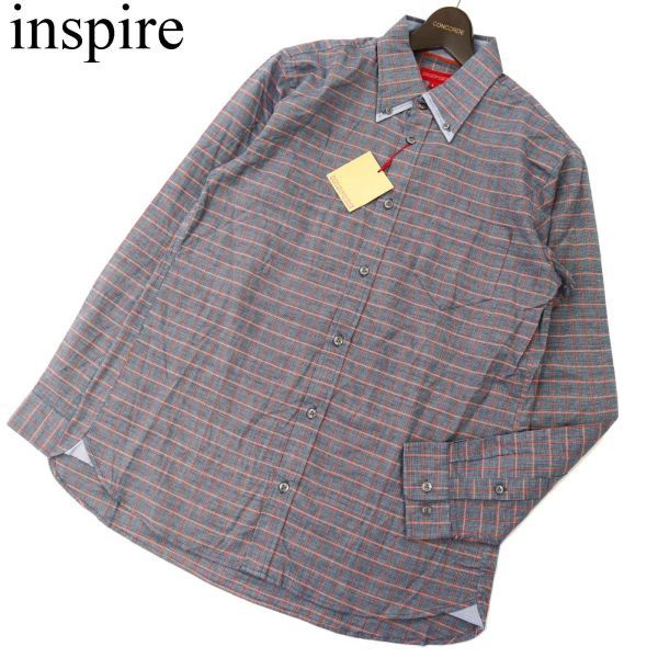 【新品 未使用】 INSPIRE インスパイア 通年 二重襟★ 長袖 ボタンダウン チェック シャツ Sz.L　メンズ 紳士 男性 ネイビー　C3T07606_9#C_画像1