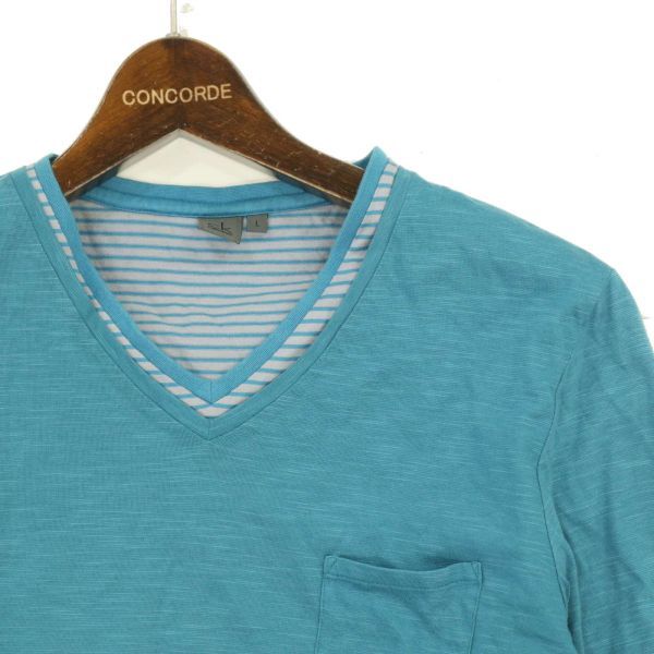 CK Calvin Klein カルバンクライン 通年 レイヤード風★ 長袖 Vネック ボーダー カットソー ロンTシャツ Sz.L　メンズ 青 灰　C3T07451_8#F_画像2