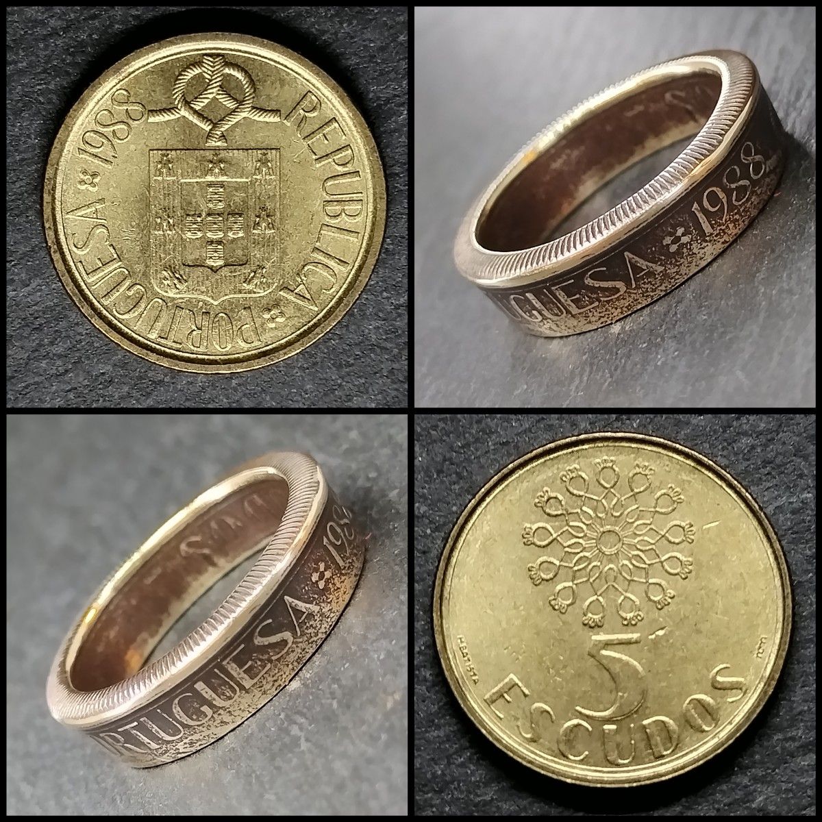 1988年 ポルトガル共和国 5エスクード硬貨 ハンドメイドコインリング 12号 ニッケル真鍮 ジャーマンシルバー
