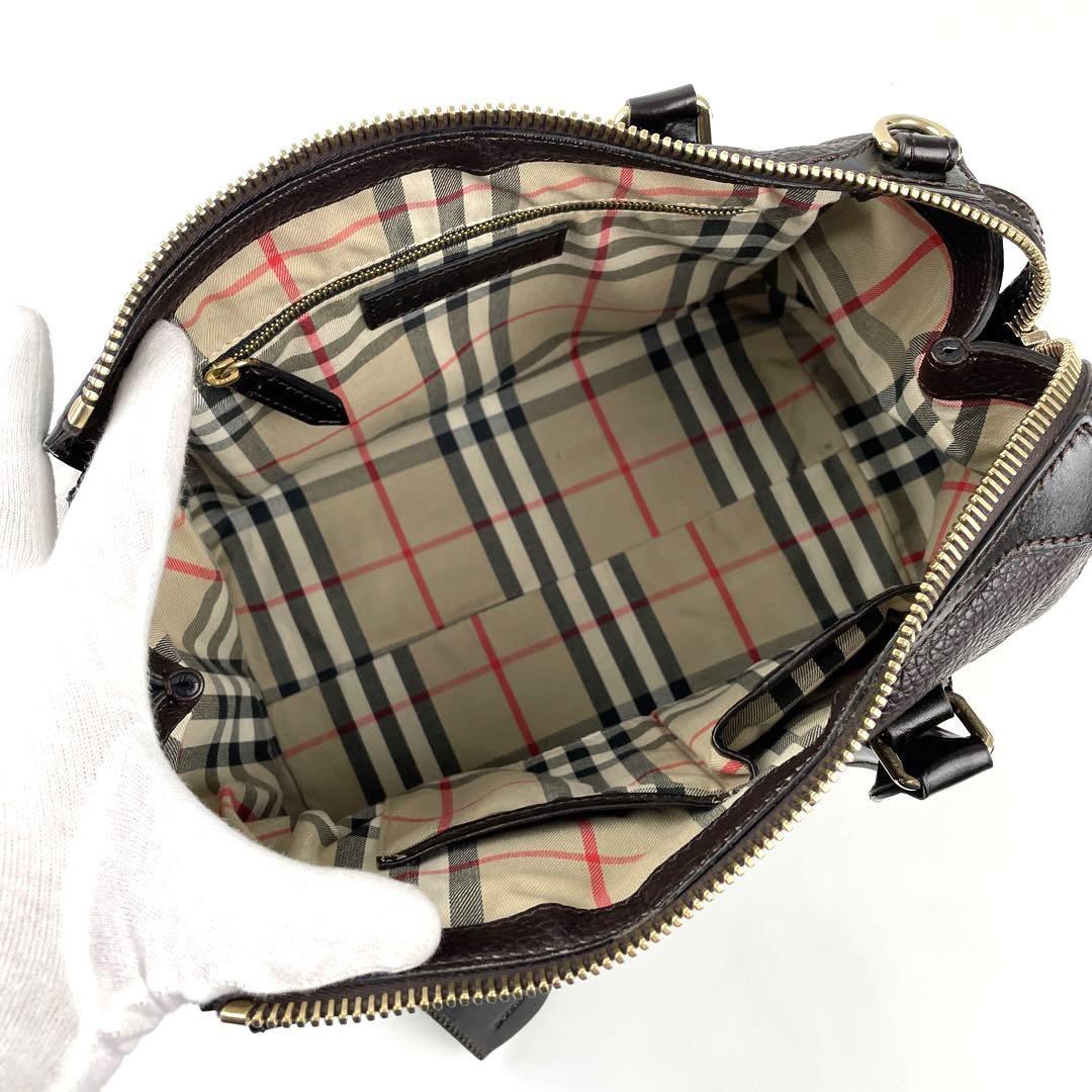 極美品■BURBERRY バーバリー ハンドバッグ 2way ノバチェック 南京錠 カデナ レザー ダークブラウン ショルダーバッグ ゴールド金具