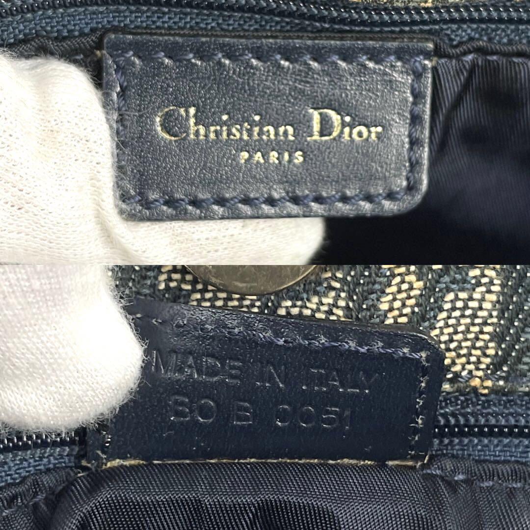 美品■Christian Dior クリスチャンディオール トロッター柄 キャンバス トートバッグ ネイビー レザー ハンドバッグ D金具 ゴールド金具_画像8