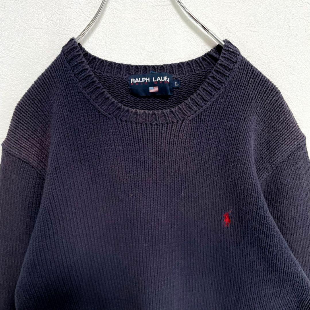 【鬼フェード】ポロラルフローレン　刺繍ロゴ　ポニー　コットンニットセーター　紺　レディース　Lサイズ　 POLO RALPH LAUREN