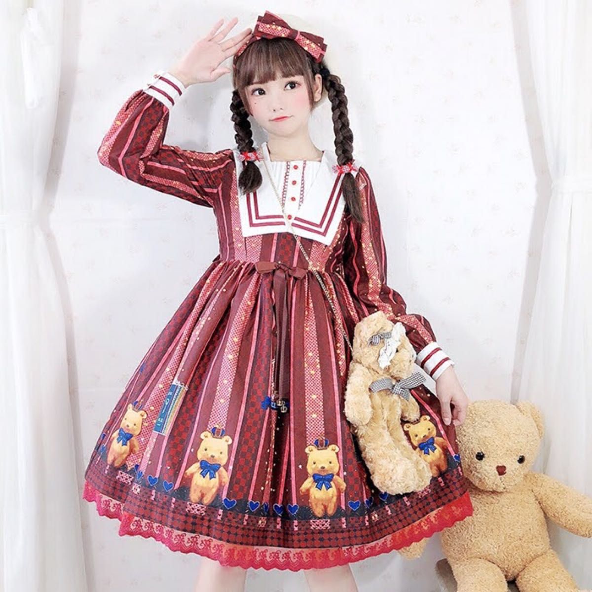 リボン カチューシャ お嬢様 長袖 ワンピース ロリータ メイド服 くま L