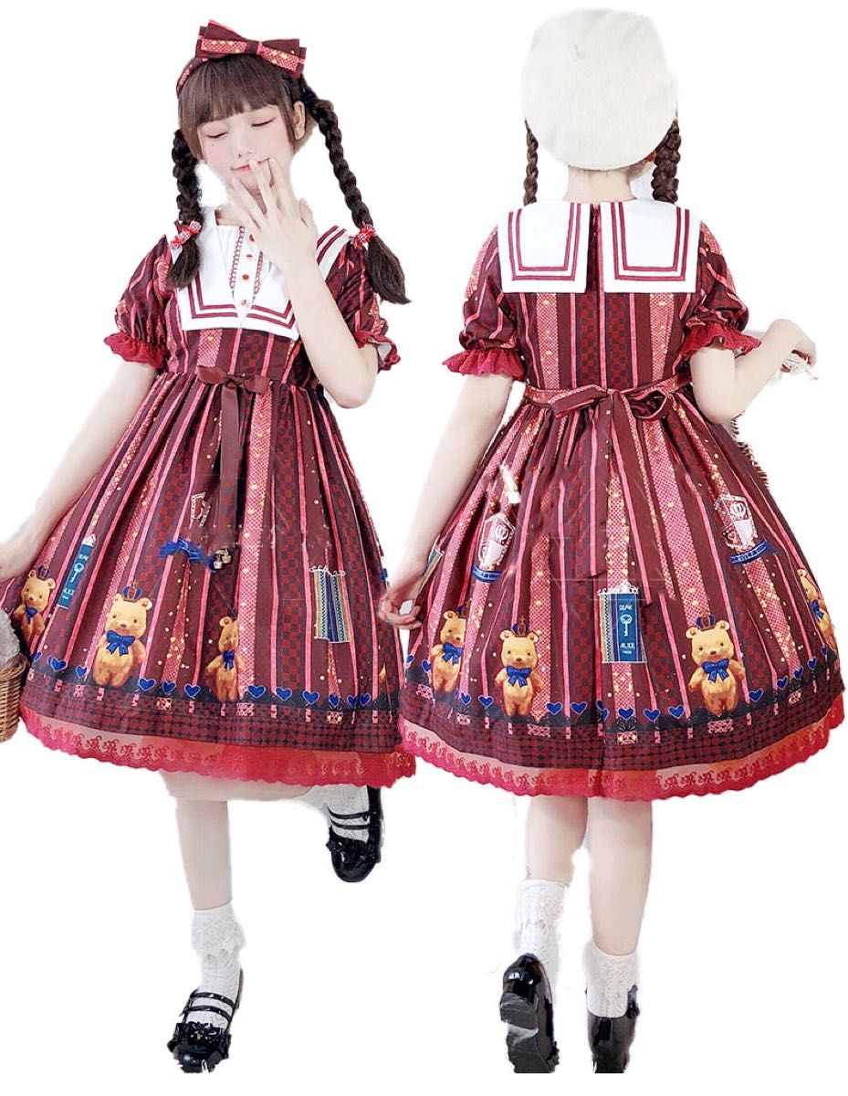 リボン カチューシャ付き クマ 病み可愛い お嬢様 ワンピース ゴスロリ lolita ロリータ メイド服 半袖 L