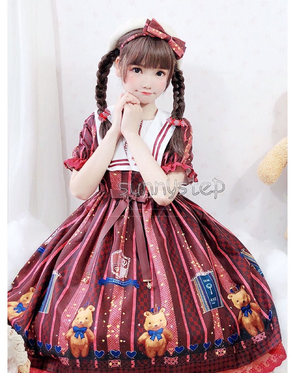 リボン カチューシャ付き クマ 病み可愛い お嬢様 ワンピース ゴスロリ lolita ロリータ メイド服 半袖 L