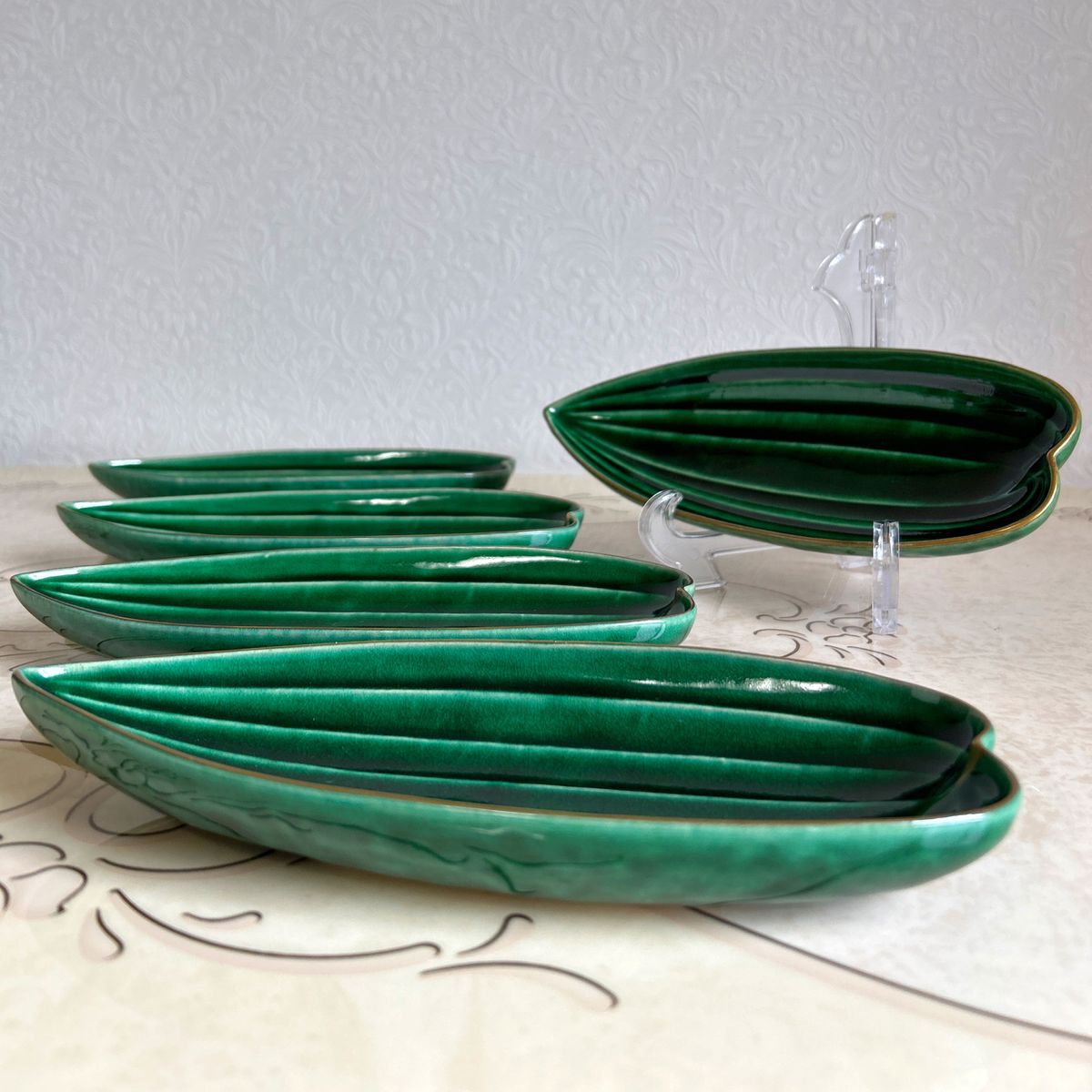 たち吉特選 青嵐 笹型 長皿揃 5枚セット 笹舟型皿 刺身皿 織部 和食器