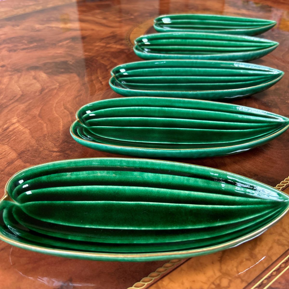 たち吉特選 青嵐 笹型 長皿揃 5枚セット 笹舟型皿 刺身皿 織部 和食器