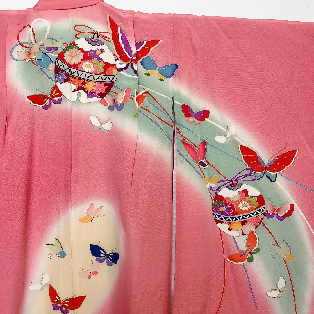 [ Rene -toru] "Семь, пять, три" кимоно с длинными рукавами розовый бабочка колокольчик . документ . японский костюм кимоно классика рисунок retro Showa симпатичный плечо длина 130 ширина 48 длина рукава 52 * включение в покупку возможно *9212