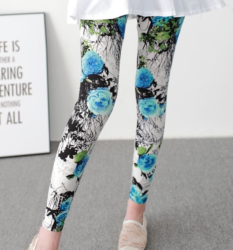  lady's blue rose floral print leggings pants jeggings leggings 