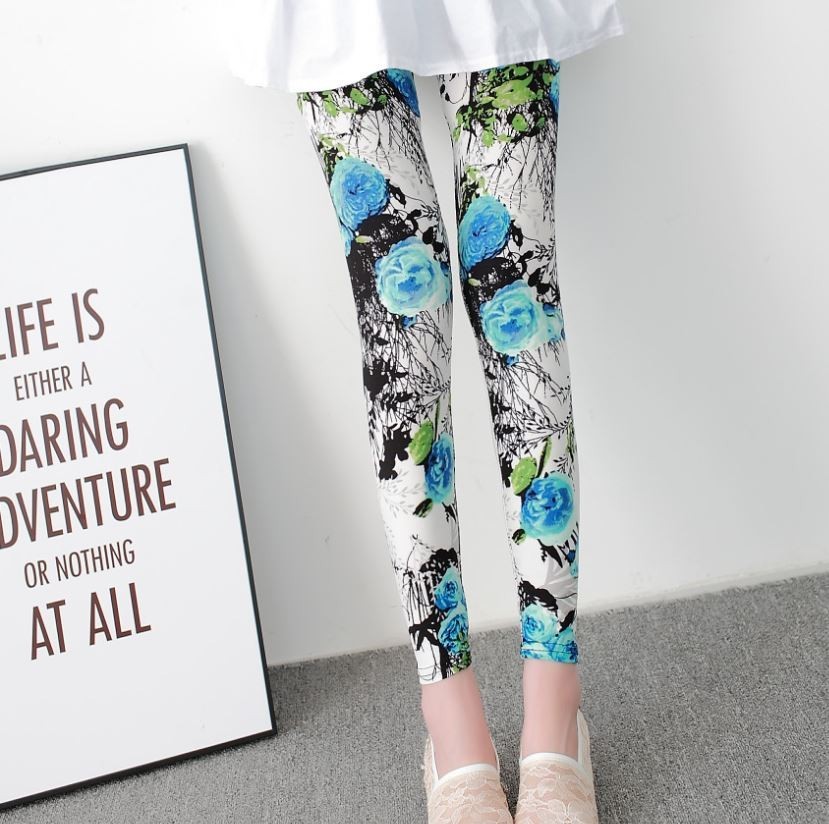  lady's blue rose floral print leggings pants jeggings leggings 