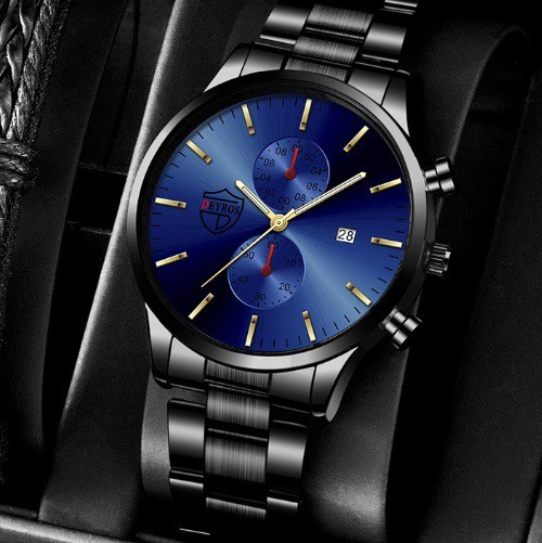  ブラック青　メンズカジュアル腕時計クォーツ電池式ビジネスシンプルカレンダーデイト黒_画像1