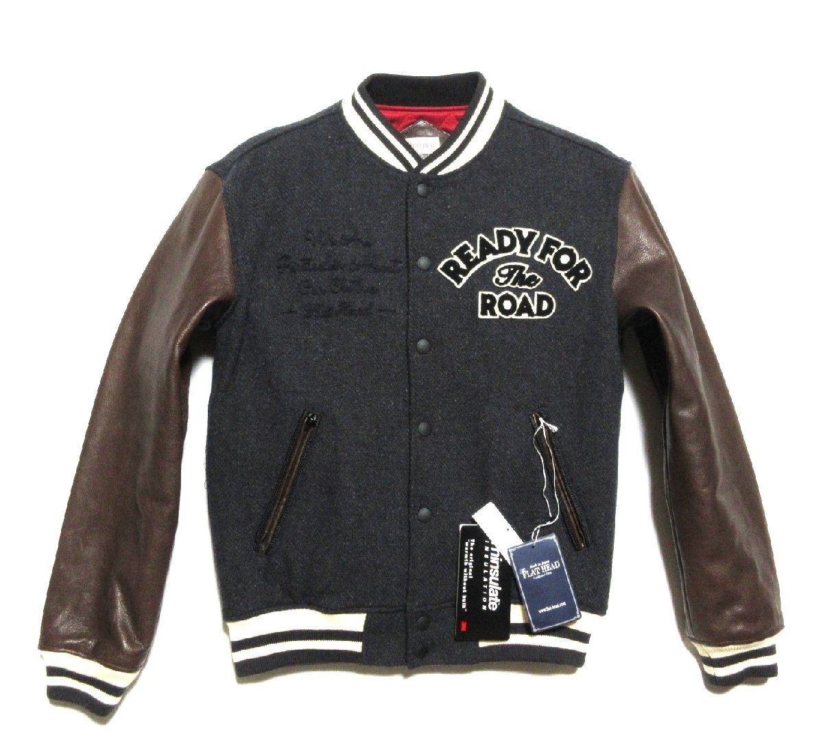 新品 THE FLATHEAD VARSITY JKT-READY FOR THE ROADL フラットヘッド 袖革/スタジャン/38/ブラック×ダーク/日本製/カスタム