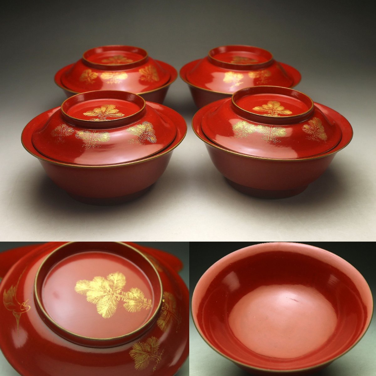 余韻】 時代物天然木製朱塗松鶴文沈金付吸物椀揃(4客)☆懐石道具料亭