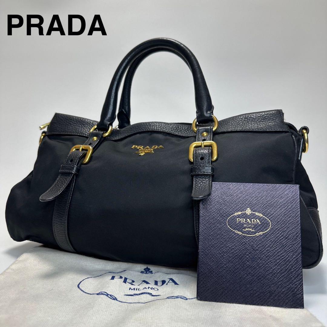 公式 【美品】プラダ PRADA ナイロン レザー ヴィッテロ シボ革 黒