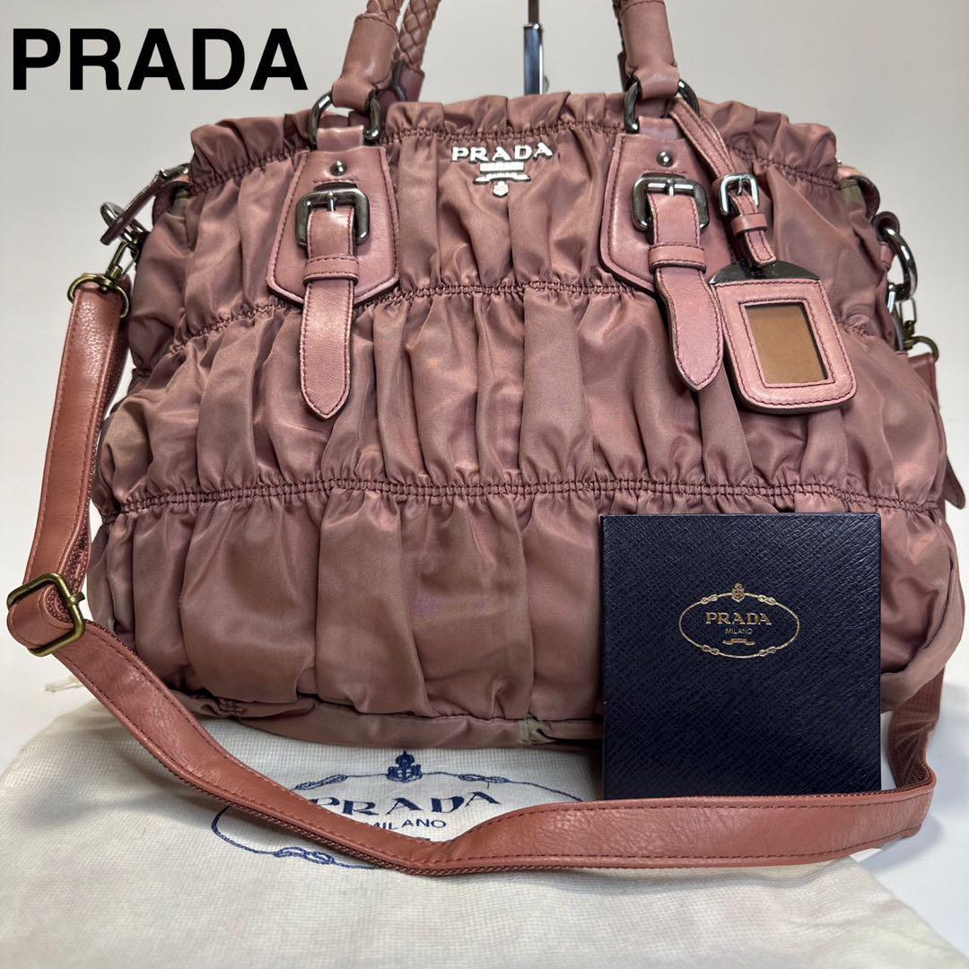 美品 PRADA 大容量 ナイロントートバッグ ギャザー 編み込みレザー-