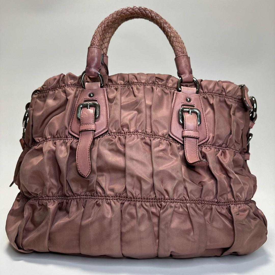 完成品 【鑑定済】プラダ PRADA ギャザー ナイロン レザー 2way