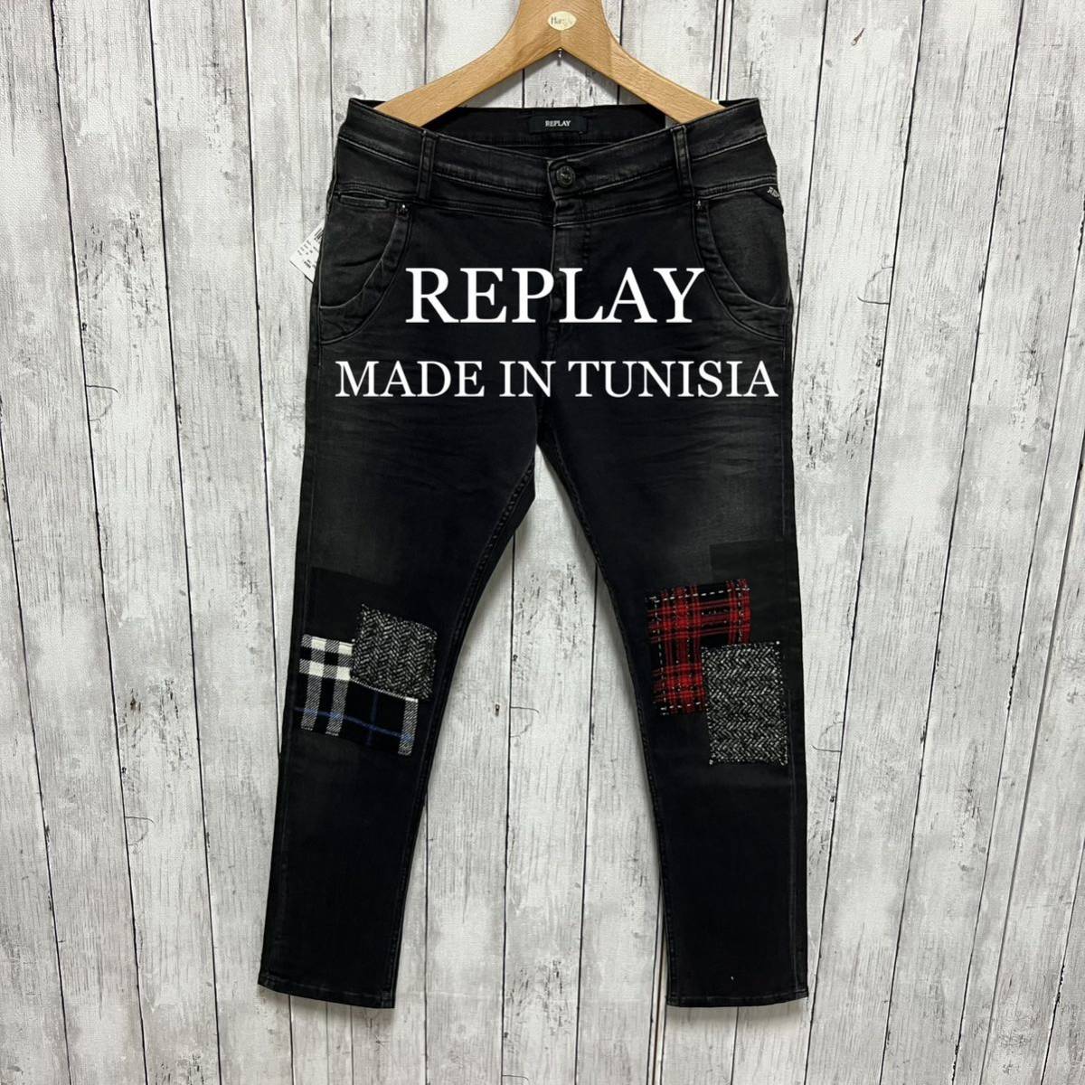 未使用タグ付き！REPLAY ウォッシュ加工パッチワークスーパーストレッチデニム_画像1