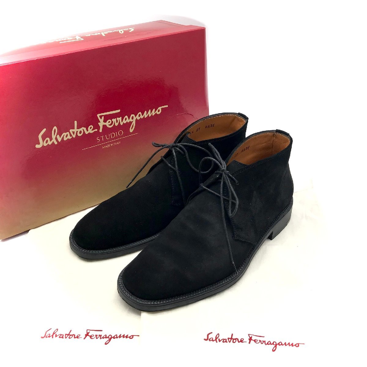 FERRAGAMO フェラガモ スエード チャッカ ブーツ ブラック 6ハーフ 良品 M11316_画像1